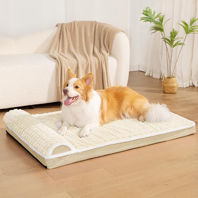 Orthopedic Large Dog Bed Pillow Pet Sofa Bed 42''X28'' Ivory | Egg-Crate Foam Pet Couch Large Sized Dog, Waterproof Removable Washable Cover,Furry Puppy Crate Mat With Nonskid Bottom
