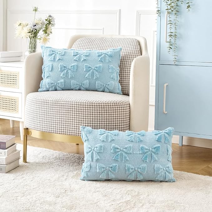 Mixweer Blue Bow Pillow Covers Set of 2 Preppy Room Decor Coquette Cute Spring Summer Decorative Faux Fur Soft Bowknot Stuff Fluffy Plush Aesthetic Pillowcase for Bed Sofa Couch (12 x 20 Inch)