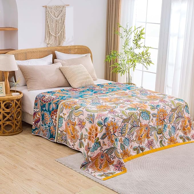 XIBLC Boho Throw Blanket for Bed, 100% Cotton Soft Rustic Quilt Fall Blanket, 50"x60" Floral Printed Farmhouse Decor Bed Blankets, All Season Rustic Reversible Bohemian Throw Quilt
