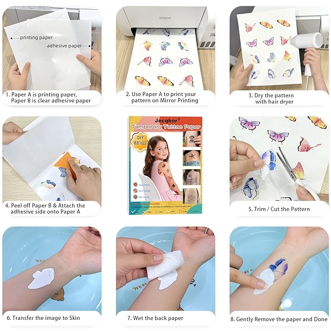 Printable Temporary Tattoo Paper for INKJET Printer, 30-Sets Custom Tattoo Printer Sticker 8.5X11", DIY Personal Clear Transfer Paper for Kids, Family, Christmas, Birthdays, Parties, Festivals