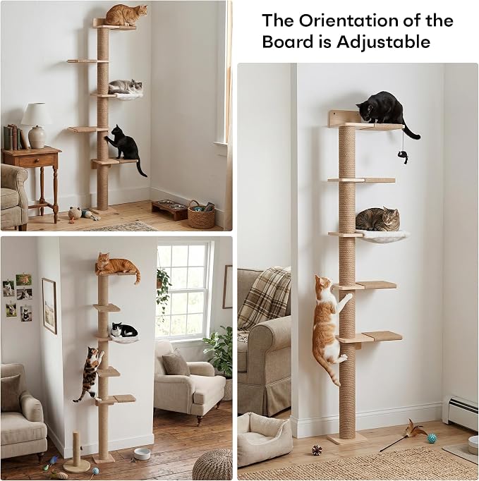 Tall Cat Tree, 5 Tier Floor Cats Tower, Wall-Mounted Kitten Sisal Scratching Post, with Cozy Hammock, Suitable for Climb, Scratch, Lookout and Play (Wall-Mounted)