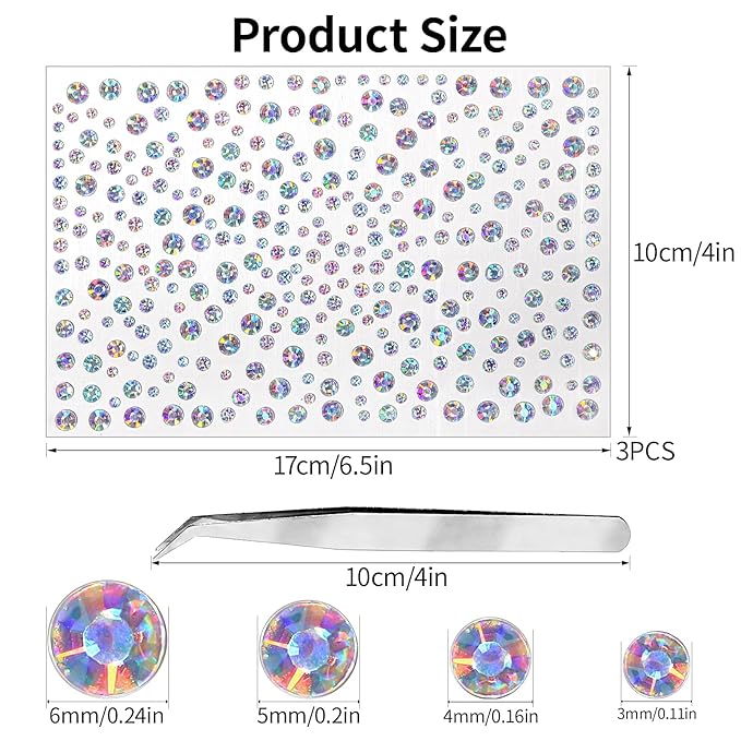 whitelaser 975Pcs DIY Face Gems - 3/4/5/6 mm Body Rhinestones & Crystals for Face Makeup & Crafts, Self-Adhesive Eye & Hair Jewels