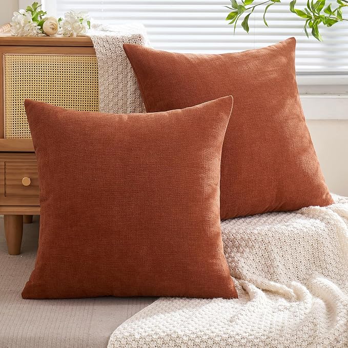 MIULEE Fall Rust Chenille Couch Euro Throw Pillow Covers, 22x22 | Set of 2, Soft Farmhouse Modern Home Decor, Decorative Pillowcases for Sofa Living Room Bed