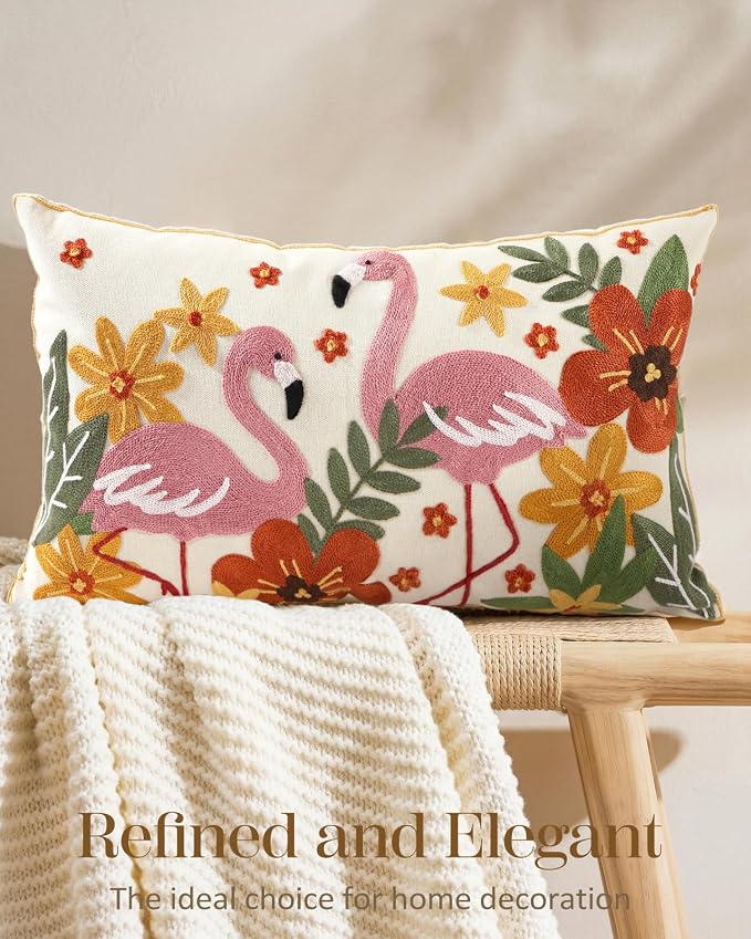 Animal Embroidered Lumbar Pillow Cover 20x12 Inch, Flamingos Floral | Decorative Throw Pillow Cover, Boho Floral Cushion Cases with Hidden Zipper, Cottagecore Decor for Couch, Sofa, Bed