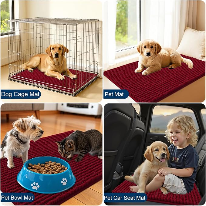OLANLY Dog Door Mat for Muddy Paws 24x16, Extra Absorbent Chenille Mud Mat | Red, Absorbs Moisture and Dirt, Non-Slip Machine Washable Doormat, Quick-Drying Indoor Entryway Floor Mat for Dogs