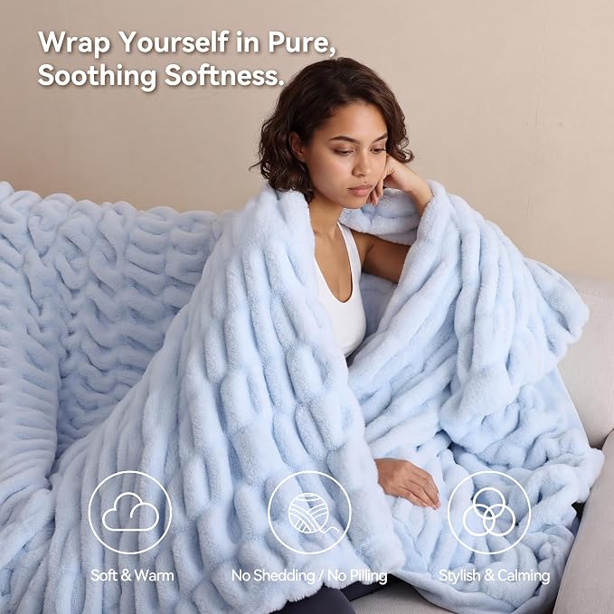 Light Blue Fluffy Blanket for Couch - Luxury Faux Rabbit Fur 60"x80" | Ultra Soft & Plush Comfort Ruched Blanket, Cozy Fuzzy Fleece Throw for Sofa, Bed & Office, Gift for Women, Blue Room Decor