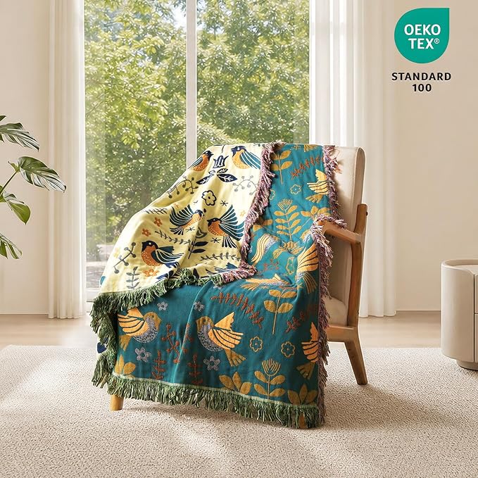 MSGKV Boho Throw Blanket 50"x60" Cotton Blanket for Couch & Living Room | 50"x60" Cotton Throw, Woven Bird Blanket, Living Room Decor, Summer Comfort, Decorative Throw, Sofa Cover, Machine Washable