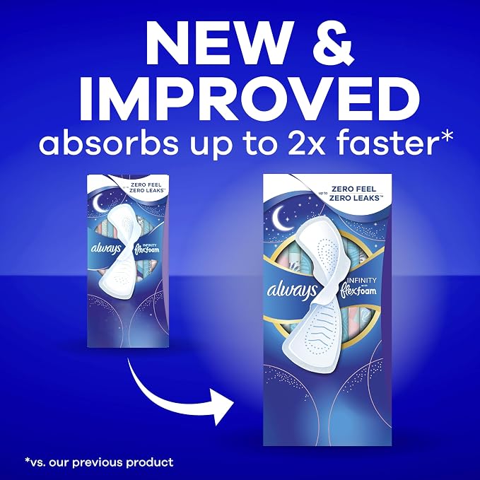 Always Infinity Feminine Pads for Women, Flexfoam Pads with Wings, Size 5, Extra Heavy Overnight Absorbency, Unscented, 30 Count