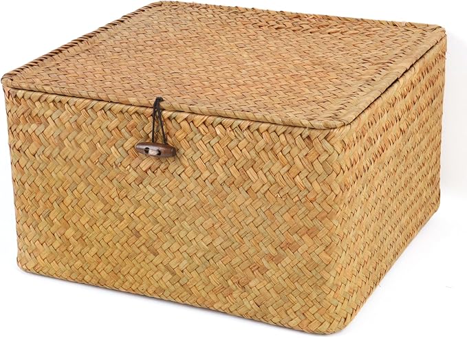 Moosky Wicker Shelf Baskets with Lid, Handwoven Seagrass Storage Basket Bins Square Gift Boxes for Shelves Home Decor Organizer (Natural, Large)