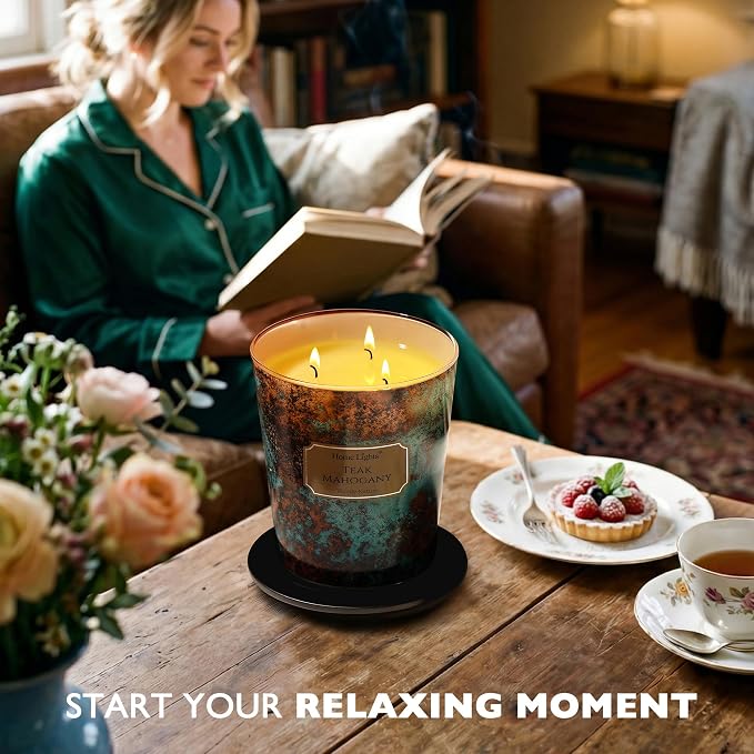 HomeLights Large jar Candle | 4-Wick Long-Lasting Scented Candles, 18oz Natural Soy Wax Candle for Home Scented, Industrial Chic Gifts for Women & Men, Teak Mahogany