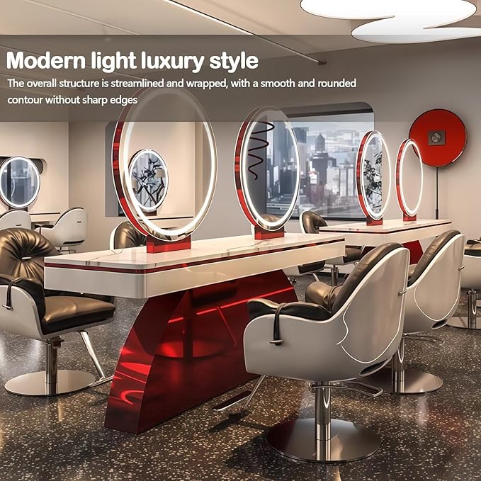4-Person Salon Station for Hair Stylist with Retro-Futuristic Style, Barber Station includes LED Round Mirror, Red Metal Design, for Beauty Salon