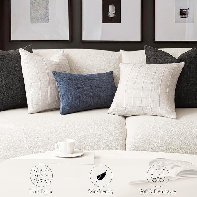 Foindtower Set of 2 Decorative Linen Check Throw Pillow Covers Neutral Farmhouse Lumbar Cushion Covers Modern Boho Home Decor for Sofa Chair Couch Bedroom Living Room,12×20 Inch,Cream White
