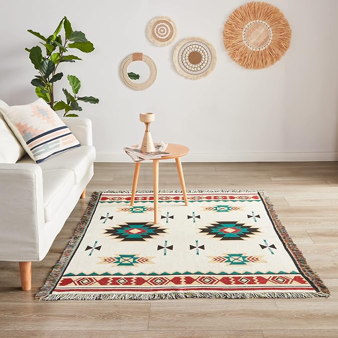 Native American Blanket Western Decor Boho Throw Blanket for Sofa, Mexican Decorative Farmhouse Blanket, Southwest Decor Woven Blankets, Aztec Throw Blankets with Tassel(Beige,50×60 inch)