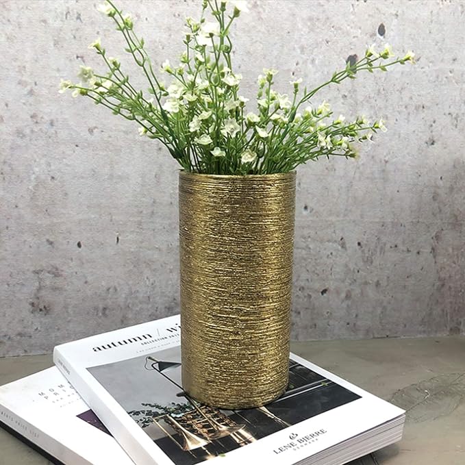 WGV Ceramic Cylinder Vase Bulk Width 4" Height 8" Elegant Unique Modern Matte Floral Container Planter Pot Centerpiece for Event Party Wedding Office Home Decor, Gold Textured 12 Pieces
