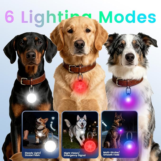 2-in-1 GPS Tracker & Dog Light - Works with Apple Find My - No Subscription | Smart Tracking Pet LED Light for iOS Only - Rechargeable IP68 - Waterproof Dog Collar Light with 6 Modes for Night Walking