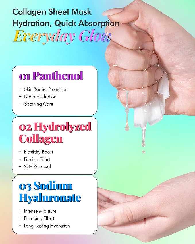 DERMAL Collagen Essence Sheet Mask 16 Combo Pack - 16 Days Daily Skin Therapy for Glow - Aloe, Snail, Vitamin Variety Gift Set - K-Beauty