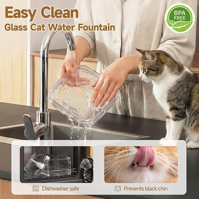 PETTEN Glass Cat Water Fountain,Easy Clean,No Plastic(78oz/2.5L) | BPA-free,Dual flow modes, <20dB silent pump. 2.5L/78oz, perfect for indoor cats & small dogs. Dishwasher safe.
