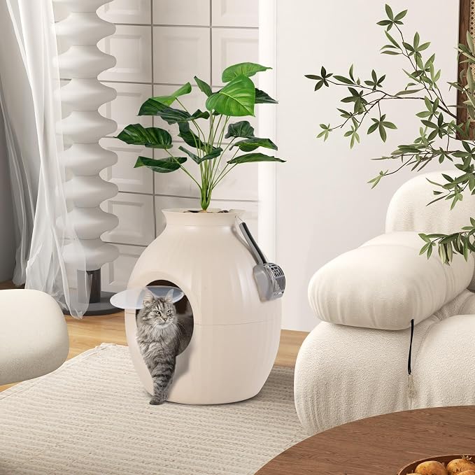 Tangkula Hidden Litter Box Plant, Cat Litter Box Enclosure Furniture with Odor Removal System, 4 Modes Lights, Artificial Plant, Pebbles, Door, Scoop, Planter Litter Box for Large Cats, Easy to Clean