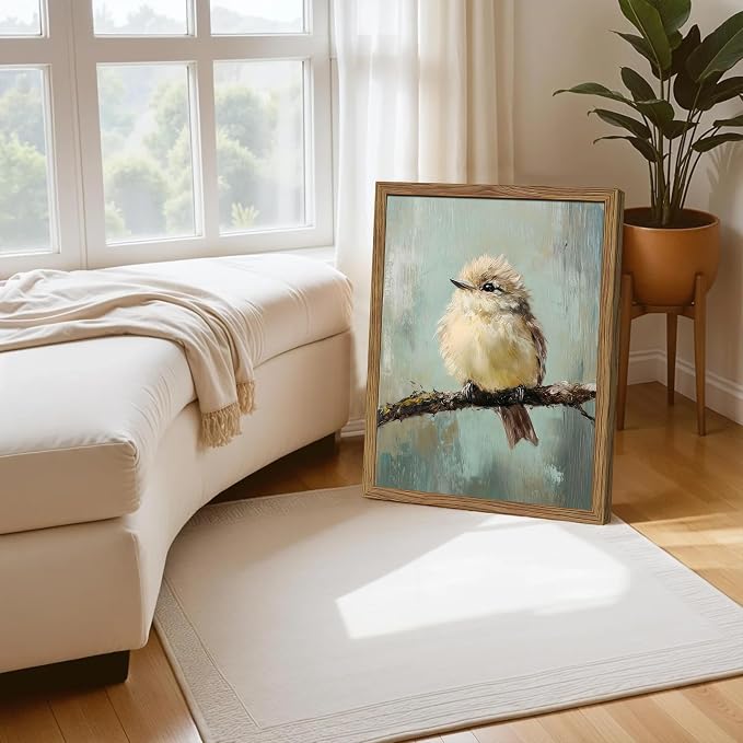 Vintage Framed Bird Wall Art, Rustic Sparrow on Branch Canvas Wall Decor Painting, Cute Bird Animal Artwork Poster Prints Pictures for Living Room Bedroom Bathroom 16x24 Inch