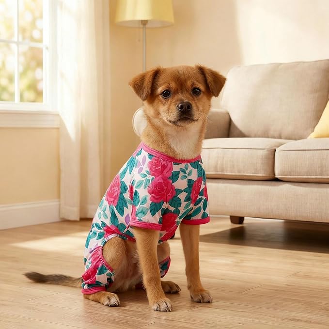 Dog Pajamas Summer Dog Clothes for Small Medium Dogs Girl Dog Pjs Cute Doggie Onesie Breathable Puppy Clothes Soft Stretchy Cat Pet Outfit (Rose Flower, X-Small)