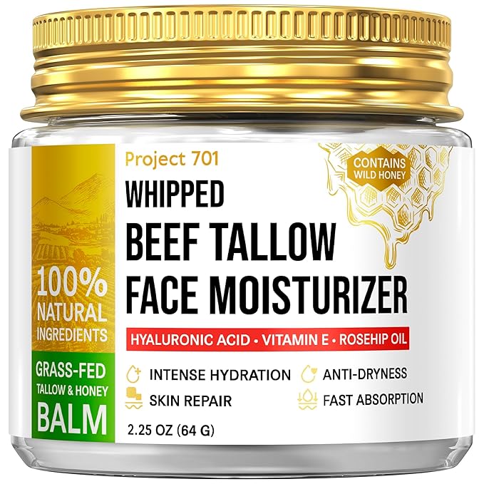 Beef Tallow for Face and Skin - Grass Fed Tallow and Honey Balm, Face Moisturizer with Liposomal Hyaluronic Acid - Day and Night Cream for Dry Sensitive Skin, Glass Jar 2.25 oz