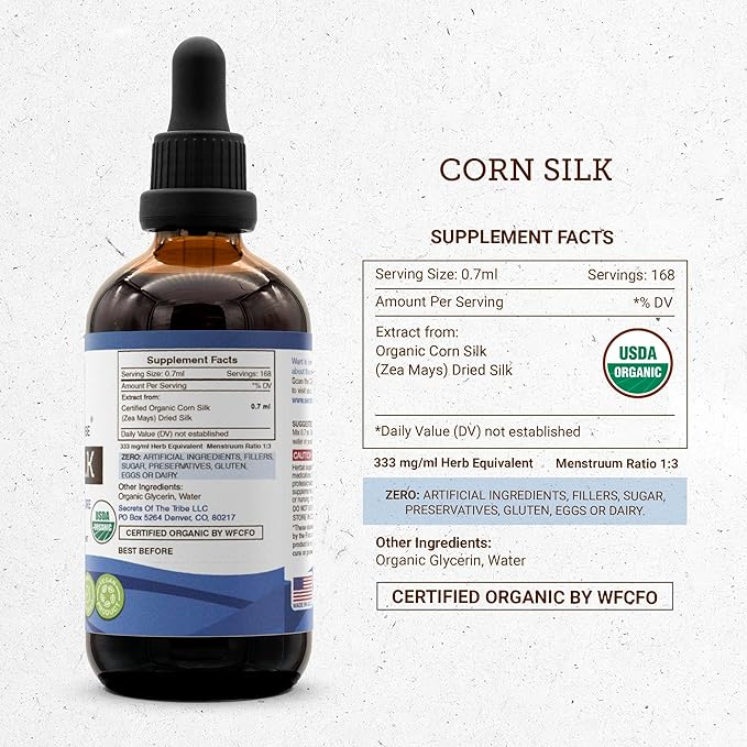 Secrets of the Tribe Corn Silk USDA Organic Tincture Alcohol-Free Extract, Zea Mays Dried Silk (4 FL OZ)
