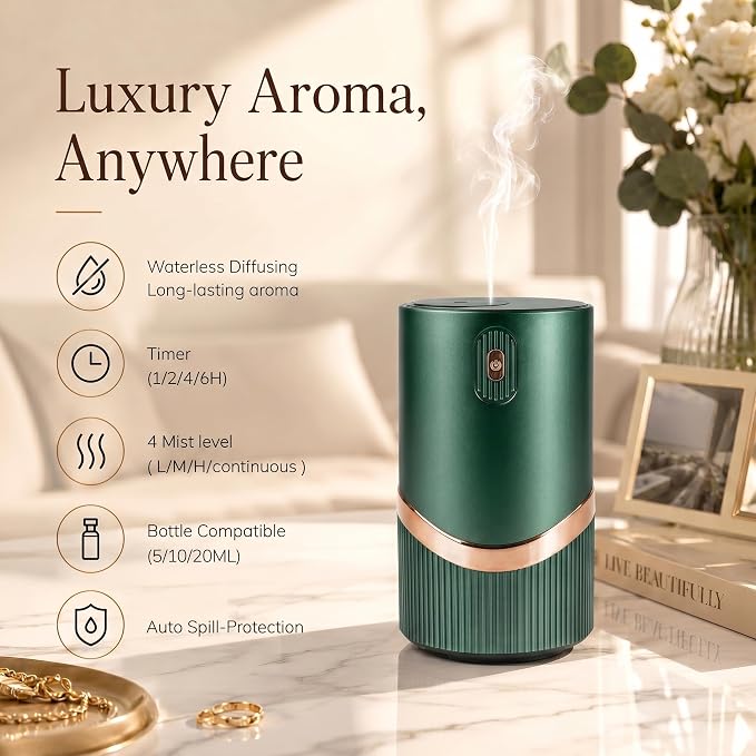 Waterless Essential Oil Diffuser, Mini Scent Air Machine Portable Diffuser for Home Car Office, Battery Operated Aromatherapy Diffuser with 10mL Hotel Scent Fragrance Oil, Timer & 4 Mist Levels, Green
