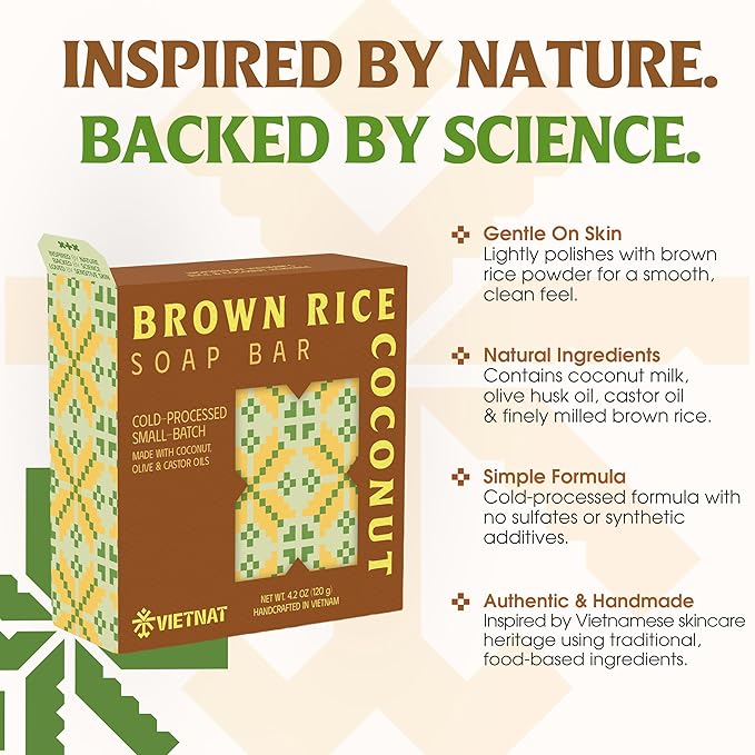 Brown Rice & Coconut Milk 2-in-1 Soap Bar (4.2 oz) | Gentle Exfoliation & Nourishing Cleanse | Cold-Processed, Handmade in Vietnam for Smooth, Fresh Skin