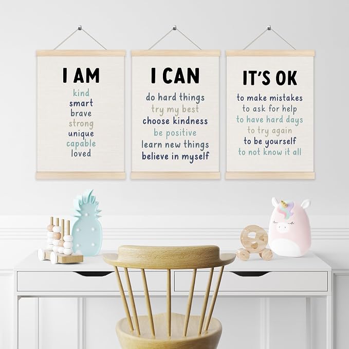 Koesus Inspirational Classroom Blue Wall Art Poster Hanger Frame 12x16 Inch Set of 3, Positive Affirmations for Kids, Motivational Canvas Pictures Prints Framed Wall Decor for Classroom Kids Room
