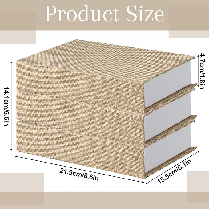 Tioncy 3 Pcs Decor Linen Faux Book Box Set Aesthetic DIY Fake Linen Book Box for Decor Storage Cafe Table Bookshelf Gift Home Keepsake(8.6 x 6.1 x 1.8 Inch,Beige)