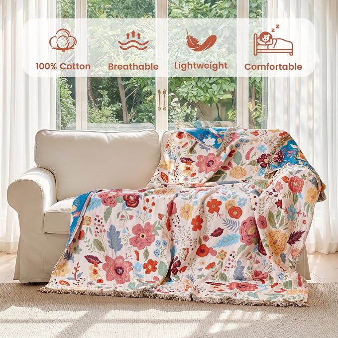 MSGKV Boho Throw Blanket 60"x80" Summer Cotton Floral Twin Size Blanket | Muslin Throw, Twin Size Blanket, Floral Pattern, Reversible Woven, Lightweight Comfort, Farmhouse Decor, Machine Washable