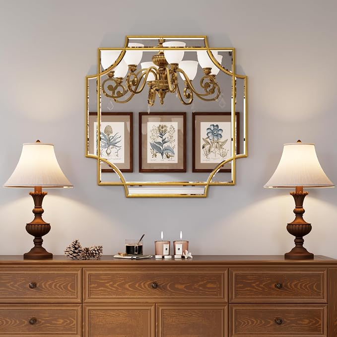 Kelly Miller 26"x26" Gold Foil Scalloped Edge Decorative Vanity Wall Mirror | Hand-Applied Gold Foil Finish. HD Mirror With French Cleat. Elegant Beveled Wall Mirror Decor For Bathroom Bedroom Entryway.