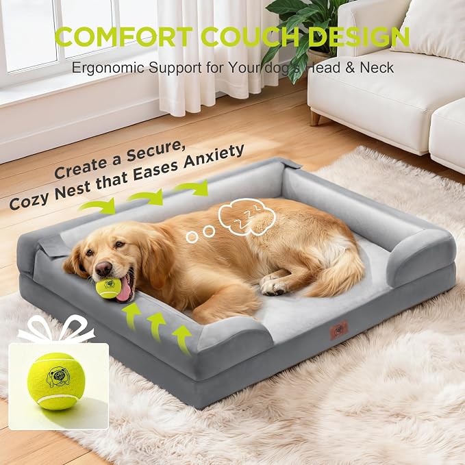 Waterproof Orthopedic Dog Bed for Medium Large Sized Dogs | Memory Foam Pet Bed Sofa with Bolster, Dog Couch with Washable Cover & Non-Slip Bottom, 36x27 Inch, Light Grey
