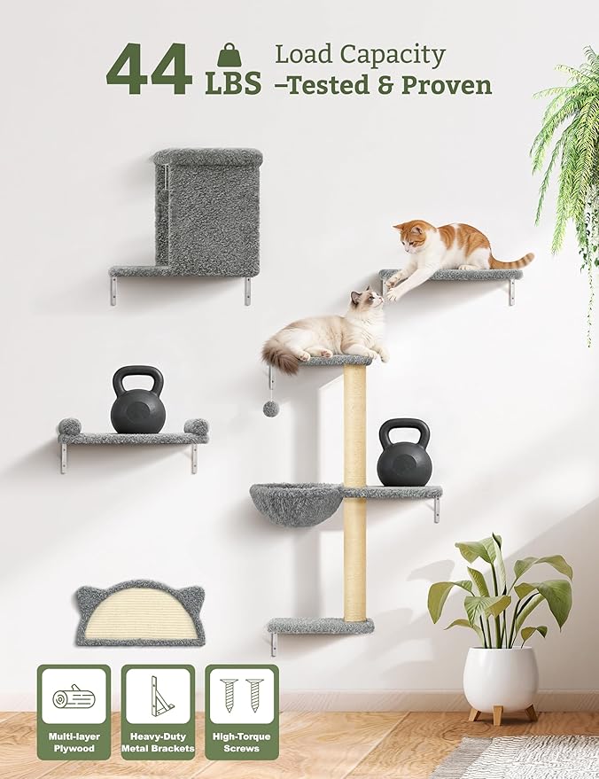 5-in-1 Cat Wall Shelves, Solid Wood Cat Wall Furniture Set for Indoor Cats | 44 lb per Shelf, 72-Hour Load Tested, Pre-Drilled, Fits 16 in. Stud Drywall & Solid Walls, for Small to Medium Cats
