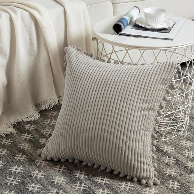 Fancy Homi 2 Packs Neutral Taupe Decorative Throw Pillow Covers 18x18 Inch with Pom-poms for Couch Bed Sofa, Aesthetic Modern Organic Farmhouse Boho Home Decor, Soft Corduroy Cute Accent Cushion Case