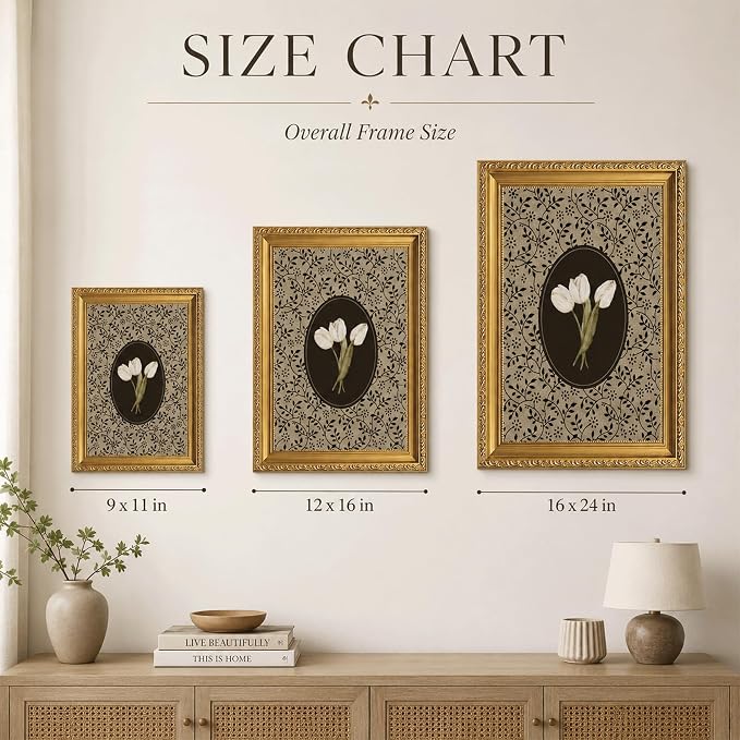 Gold Framed Tulip Canvas Wall Art, Vintage Floral Picture Wall Decor16x12in | Cottagecore Botanical Floral Print Decor for bedroom, living room, hallway, entryway