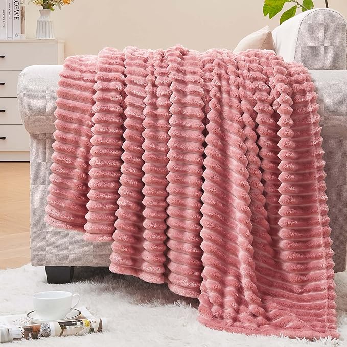 BEDELITE 3D Ribbed Jacquard Pink Fleece Throw Blanket for Couch, 50x60 Inch | Soft Warm Decorative Fluffy Blanket, Cozy Plush Lightweight Fuzzy Throw Blanket for Bed Sofa Home Room Decor, Gift for Women