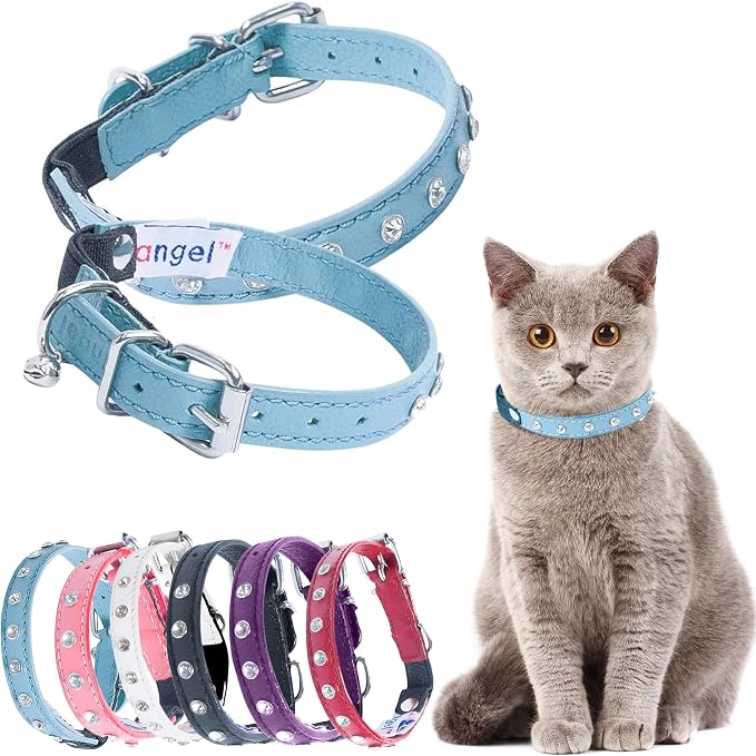 Rhinestones Cat Collar, Genuine Leather Kitten Collar, Sturdy Breakaway Cat Collar, Water-Resistant Cat Collar with Bell & Elastic Stretch, Baby Blue, 10 x 1/2 inches - Angel Pet Supplies