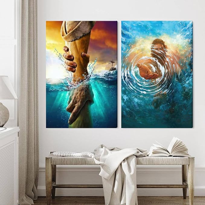 Framed Jesus Christ Canvas Wall Art The Hand of God Jesus Reaching Into Water Christian Painting Prints Biblical Wall Decor Religious Room Decor for Church Prayer Room Schools Hospitals 24'' x 36''