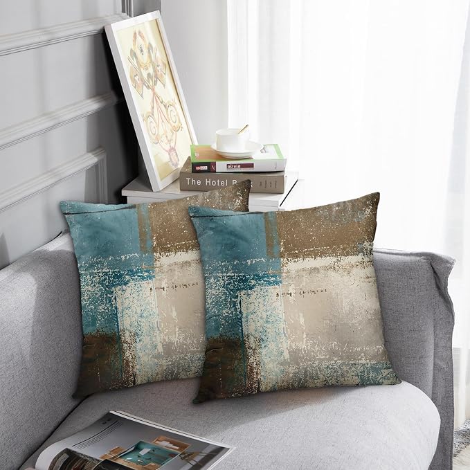 Emvency Throw Pillow Covers Set of 2, 18 x 18 Inch, Abstract Teal Modern | Beige Brown Outdoor Decorative Square Pillow Cases Couch Cushion Case for Couch Bed Sofa Living Room Home Decor