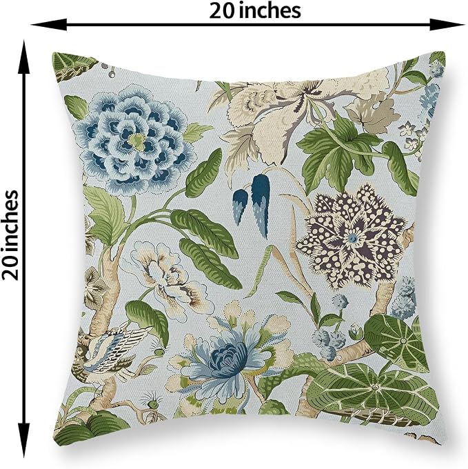 Baby Blue Green Pillow Covers 20x20 Inch Set of 2 Vintage Blue Floral Throw Pillows Chinoiserie Flower Decorative Pillow Case Outdoor Linen Farmhouse Cushion Cover for Couch Sofa Decorations
