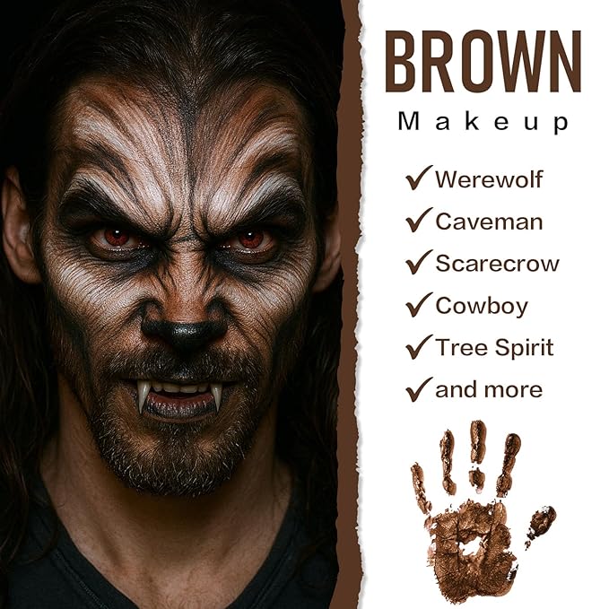BOBISUKA Brown Face Body Paint, Water-Based Halloween Werewolf Face Painting Kit, Non-Toxic SFX Makeup Facepaints Safe for Kids & Adults Camo Wolfman Costume Cosplay Party