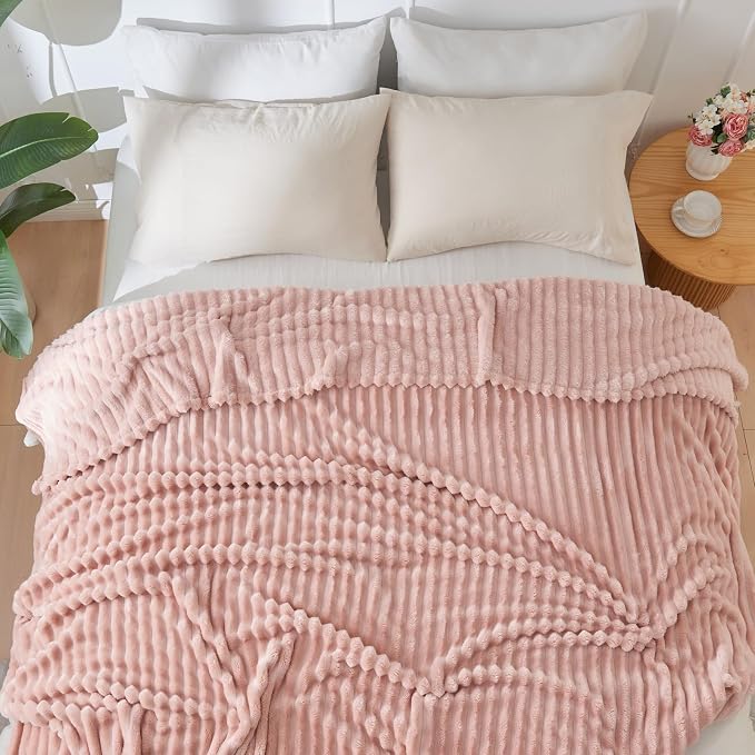 NEWCOSPLAY Fleece Ribbed Cozy Throw Blanket for Couch, Pink, 50"x60" | Premium Silky Flannel Blanket, Soft Lightweight Fluffy Throw Blanket for Bed Sofa Decor, Gift for All Season Use