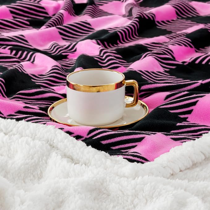 Sherpa Plaid Twin Blanket 60" X 70", Fuzzy Fluffy Soft Cozy Throw Blanket, Twin Size Plush Fleece Flannel Plush Microfiber Blanket for Couch Bed Sofa (Rosepink)