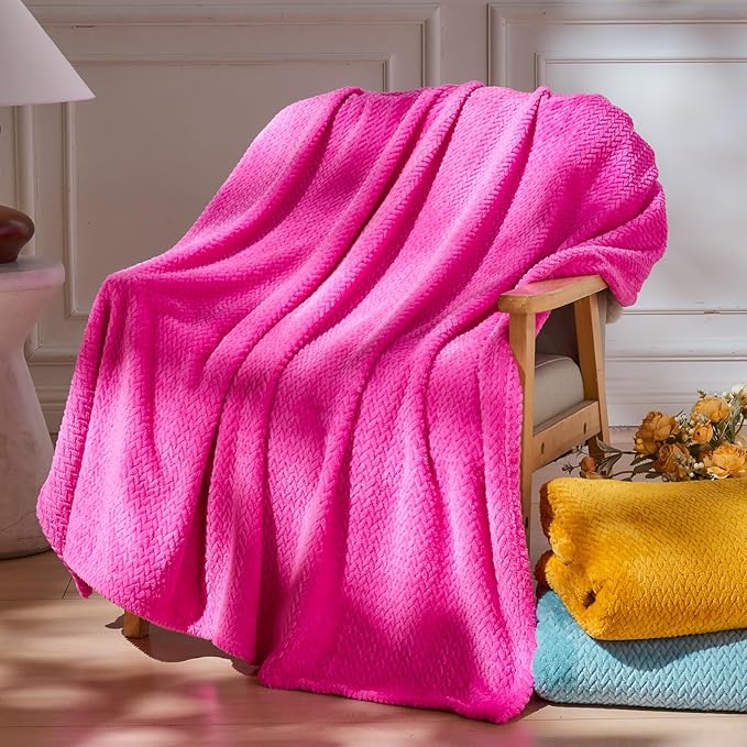 NEWCOSPLAY Fleece Leaves Pattern Twin Blanket, Hot Pink, 60"x80" | Super Soft Throw Blanket, Lightweight Cozy Bed Sofa Blanket, Premium Silky Flannel Fleece, Travel Blanket for All Season Use