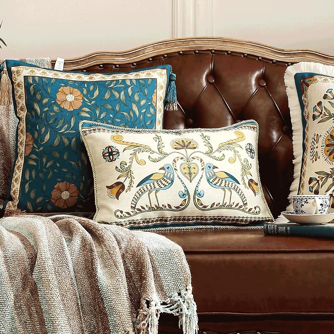 patdrea Designer French Vintage Linen Throw Pillow Cover,12"x20"-Wensel C | RusticDecorative Pillow Case,Bird and Floral Pattern,Cushion Coverfor Couch Living Room Bedroom Sofa