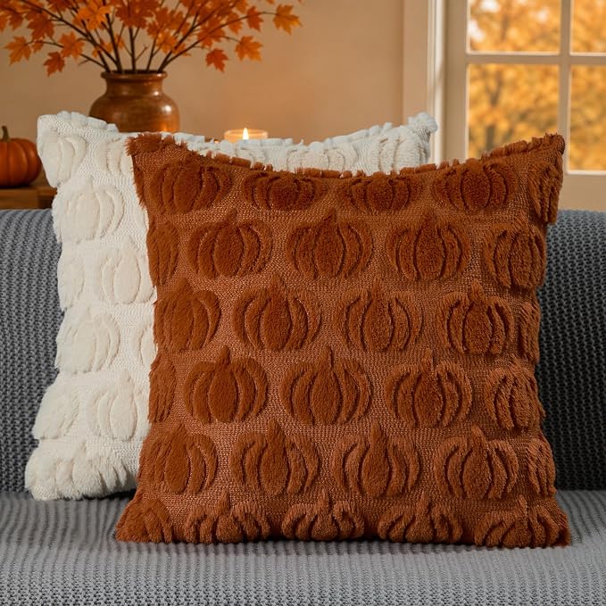 DFXSZ Fall Pillow Covers 18x18 2Pcs Rust Beige Pumpkin Fall Decorations | Fall decor Set of 2 Throw Pillow Cases Soft Plush Faux Fur Wool Couch Cushion for Chair Sofa Bedroom Living Room Home Decor