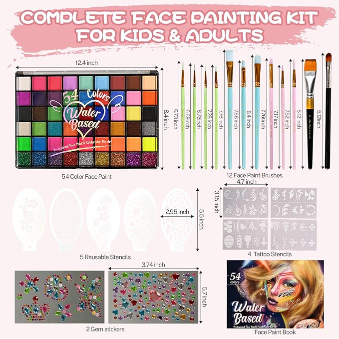 54 Color Kids Face Paint Kit - Non-Toxic, Water-Based Palette with Stencils, Brushes, Gems & Glitter for Halloween, Carnival, Costume Parties & Creative Activities