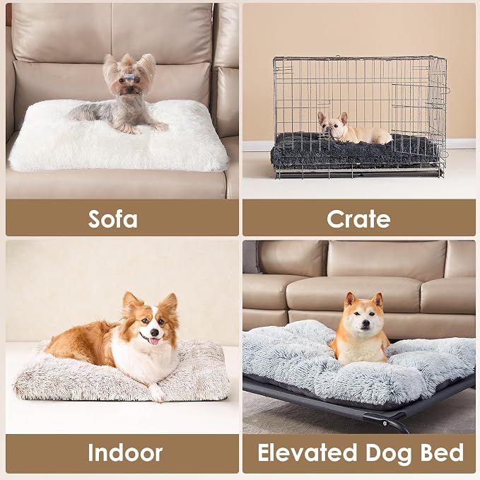 EHEYCIGA Fluffy Dog Crate Bed for Large Dogs, Plush Faux Fur Pad, Brown | Calming Anti Anxiety Large Dog Crate Bed, Washable Soft Warm Mat with Non-Slip Bottom
