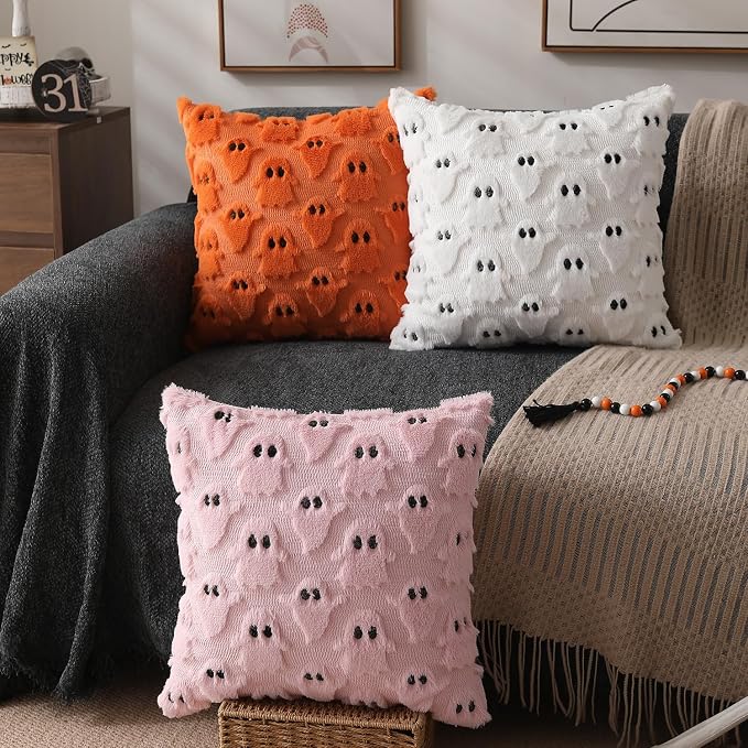 DFXSZ Halloween Pillow Covers 26x26 inch 2Pcs White Ghost Halloween Decor | Halloween Decorations Set of 2 Throw Pillow Cases Plush Faux Fur Wool Cushion for Chair Sofa Bedroom Living Room Home Decor
